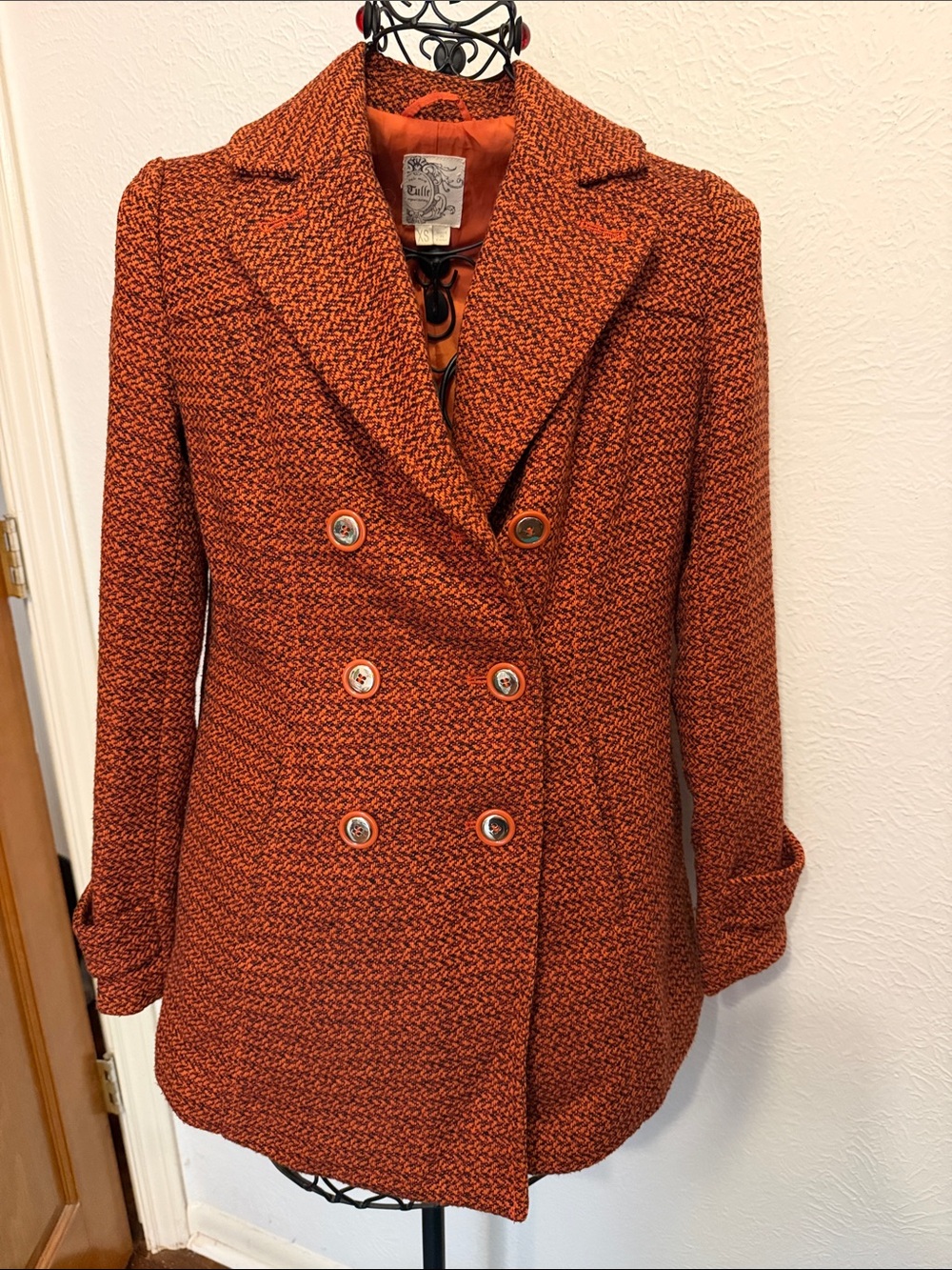 🎒🎒🎒BOGOHO🎒🎒🎒Tulle Double-Breasted Pea Coat in Burnt Orange Tweed-XS